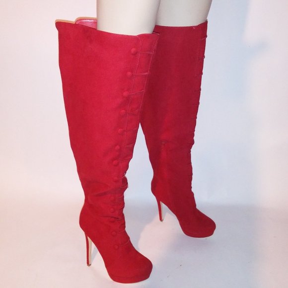 Just Fab Over the Knee Boots Womens Size 10 Solid Red Button Detail Platform Sid - Picture 1 of 16